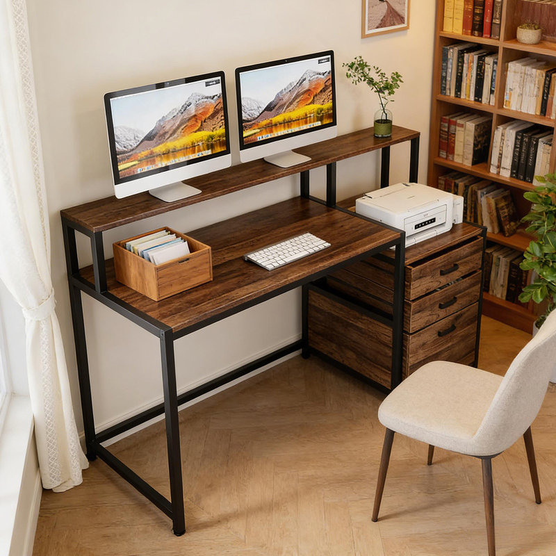 Bureau, bureau d'ordinateur spacieux, bureau d'écriture avec support pour écran surélevé, Noir / brun rustique