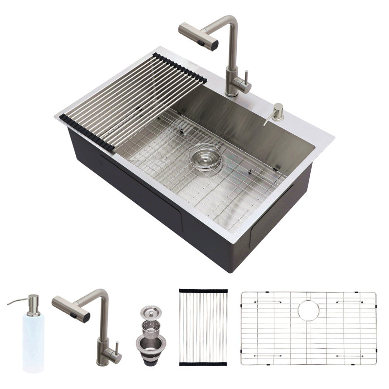 Évier de cuisine encastré 30 po avec robinet rétractable et distributeur de savon - 30 po x 22 po à cuve simple en acier inoxydable de calibre 16