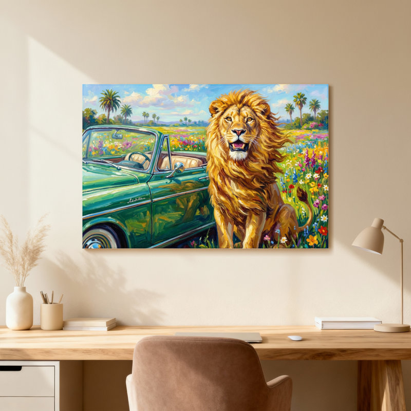 Animals Lion Standing Beside Green Car In Flower Field, 12" H x 18" W, Wrapped Canvas, Does Not Apply