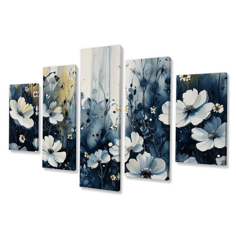 «Midnight Violet Flowers In Fields II - Violets», art mural traditionnel pour le salon, 5 pièces