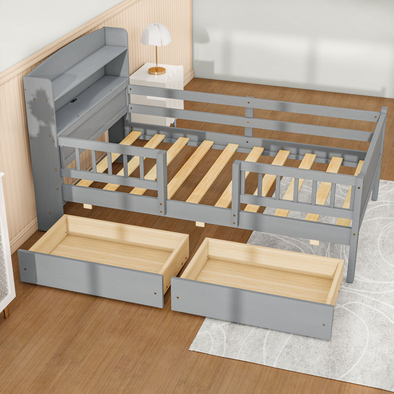 Lit plateforme simple en bois 2 tiroirs avec éclairage à DEL, tête de lit avec rangement et ports de chargement, Gris