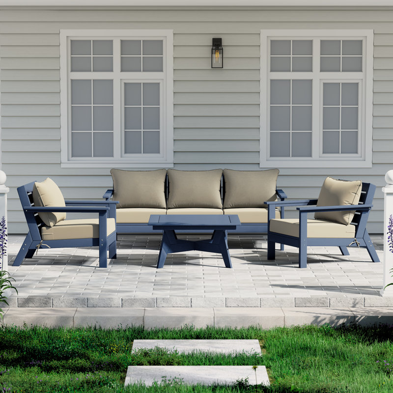 6-Piece Deep Seating Set, Beige, Navy Blue