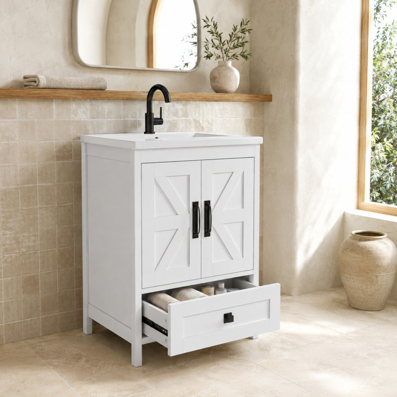 Meuble-lavabo de 61 cm (24 po) avec lavabo en céramique et rangement dissimulé (sans robinetterie) - Blanc, Blanc, 24 pouces