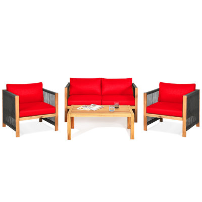 Ensemble de 8 ensembles de mobilier d'extérieur en bois avec coussins blancs et rouges