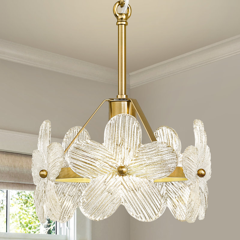 1 - Light Dimmable Single Pendant With 5 Glass Petal Shade, Gold