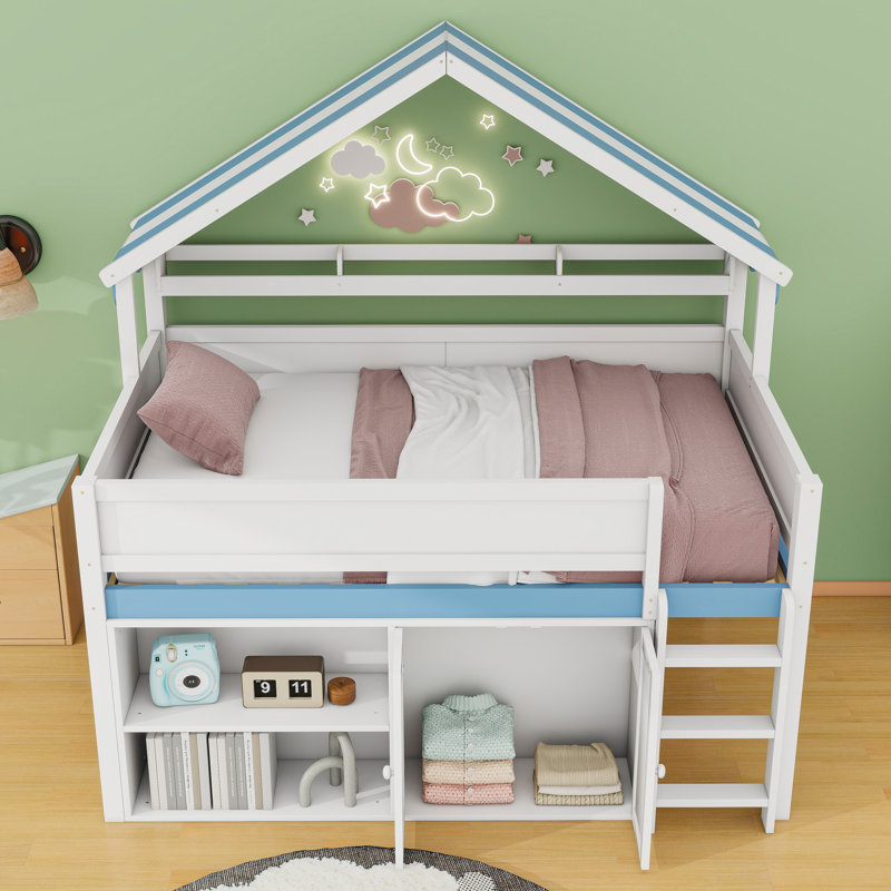 Full-Size Loft Bed With House-Inspired Canopy Roof, Built-In Storage, White/Blue