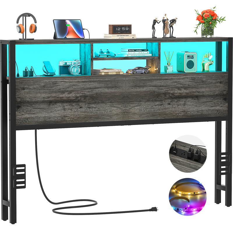 Lozandier Headboard with Storage, Power Outlet, USB Ports and LED Strip, Black Oak, Queen
