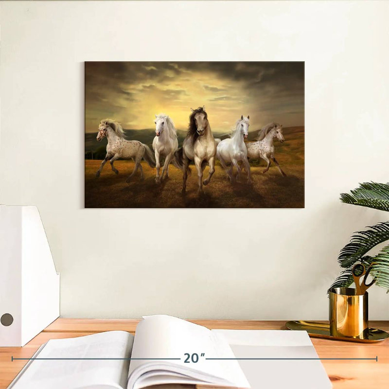 Crowle, lever de soleil, chevaux au galop, H 8 po x l 12 po