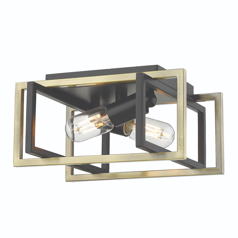 Isiah 2-Light Steel Flush Mount, Matte Black, Aged Brass
