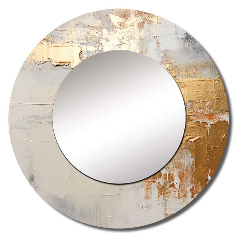 Modern Modern Coastal Beige And Gold River - miroir mural décoratif océan, miroir rond côtier, impression d'art en métal