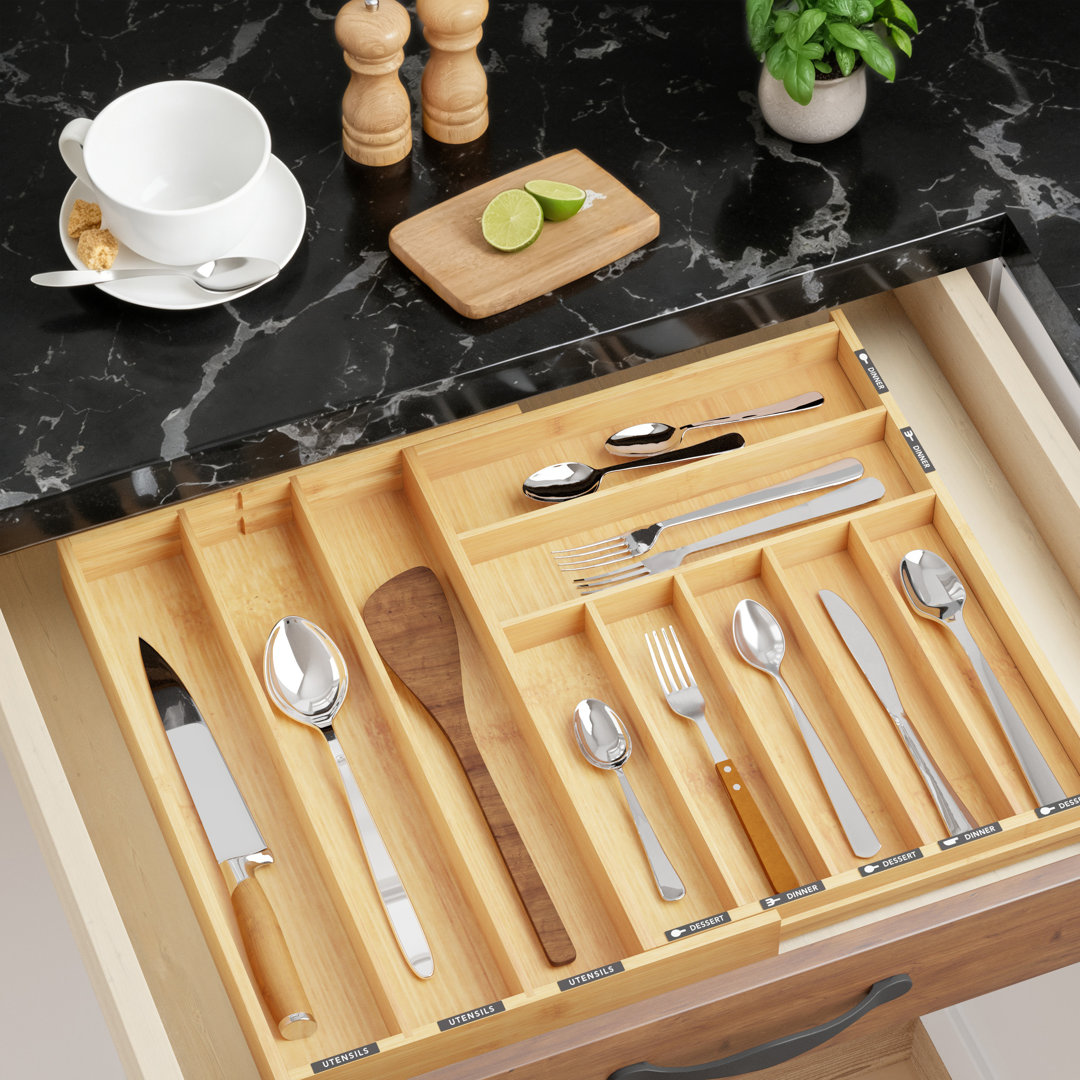 Bamboo Silverware Drawer Organizer with Labels, Expandable Kitchen Utensil Tray for Flatware, Cutlery, Spoons, and Knives (10 Slots) A Home 