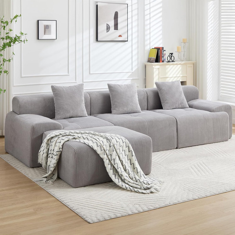 118" Modular L-Shaped Sectional Sofa, Boneless Corduroy Cloud Couch with Movable Ottoman, Deep Seat, Gray