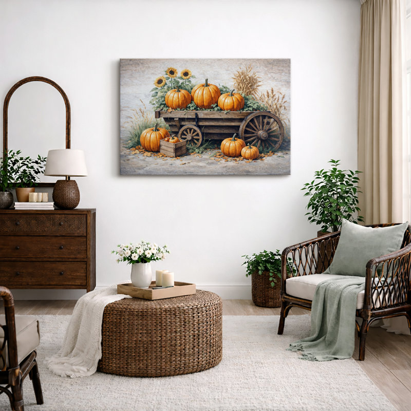 Art de chariot de citrouille, images de récolte d'automne, art mural impression sur toile encadrée, Toile tendue