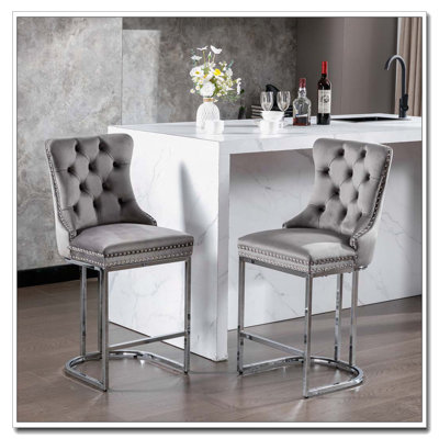 Velvet Barstools with Button Back&Rivet Trim Upholstered Kitchen Island Chairs