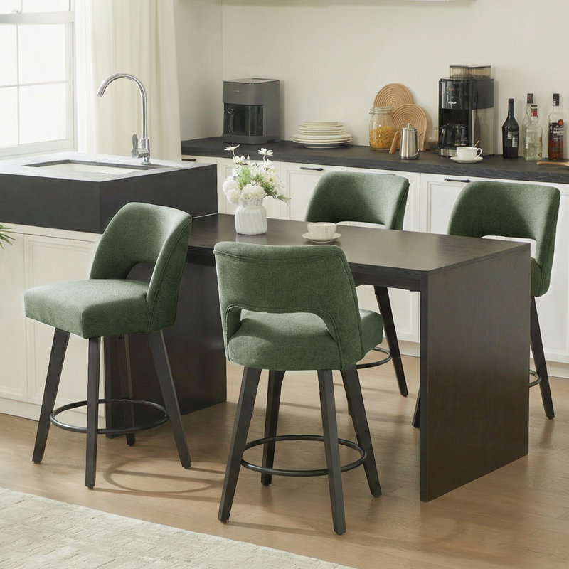 26.4" Swivel Bar Stools Set of 4, Black Solid Wood Legs & Metal Ring Footrest, 4, Black Footrest - Sage Green