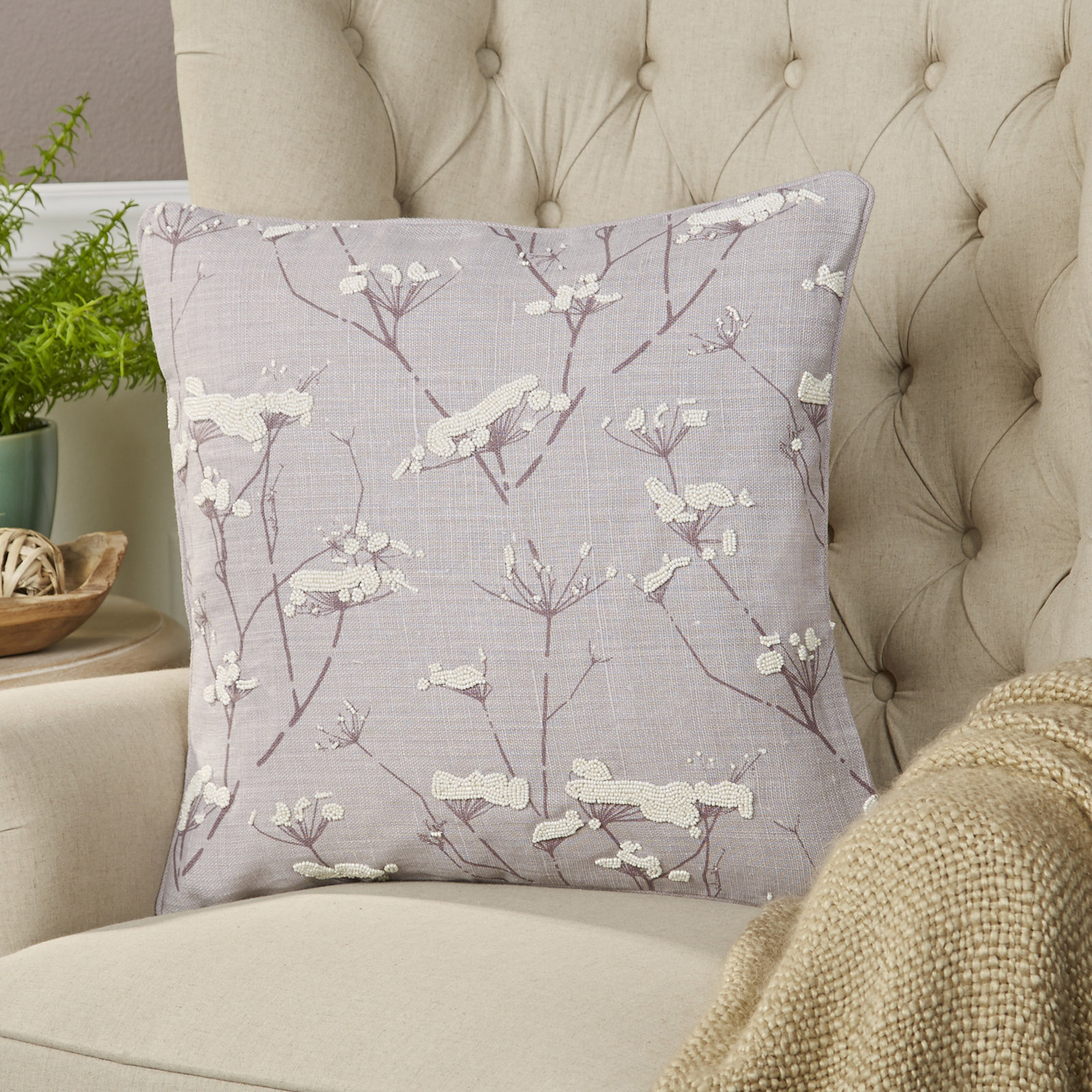 Alora Floral Linen Pillow Cover, Purple, Down, 22" H x 22" W x 4" D