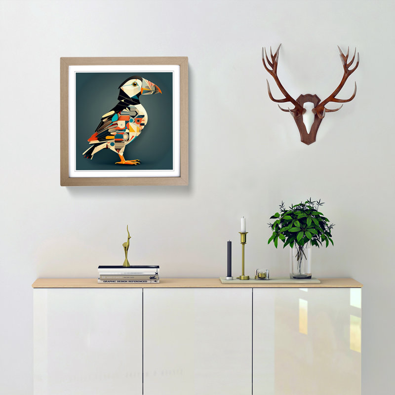 Puffin Constructivism - Single Picture Frame Print on Wood, Oak