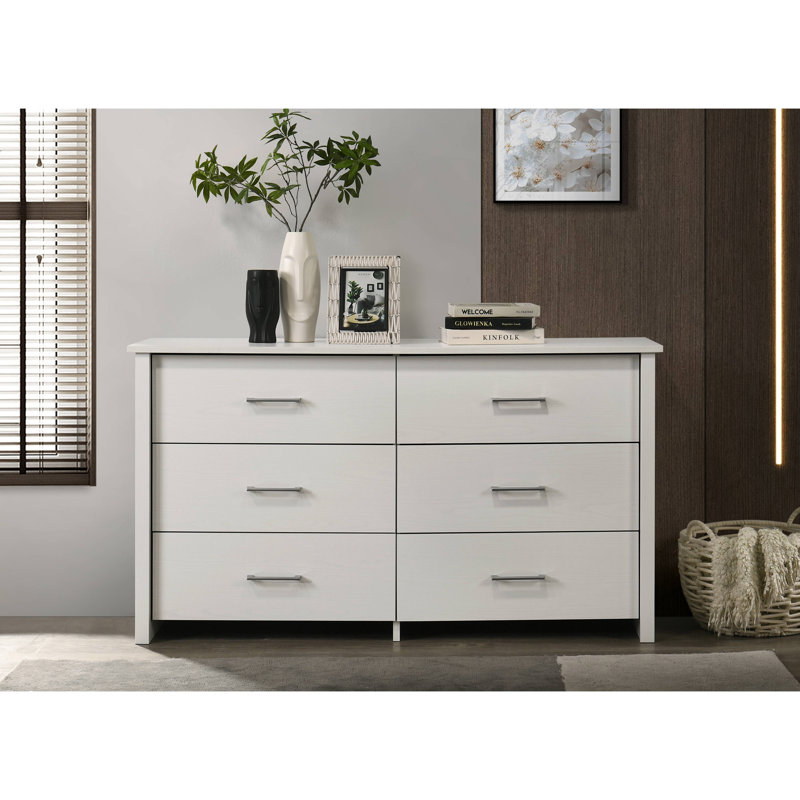 Commode 6 tiroirs avec poignées argentées Celeste, Blanc