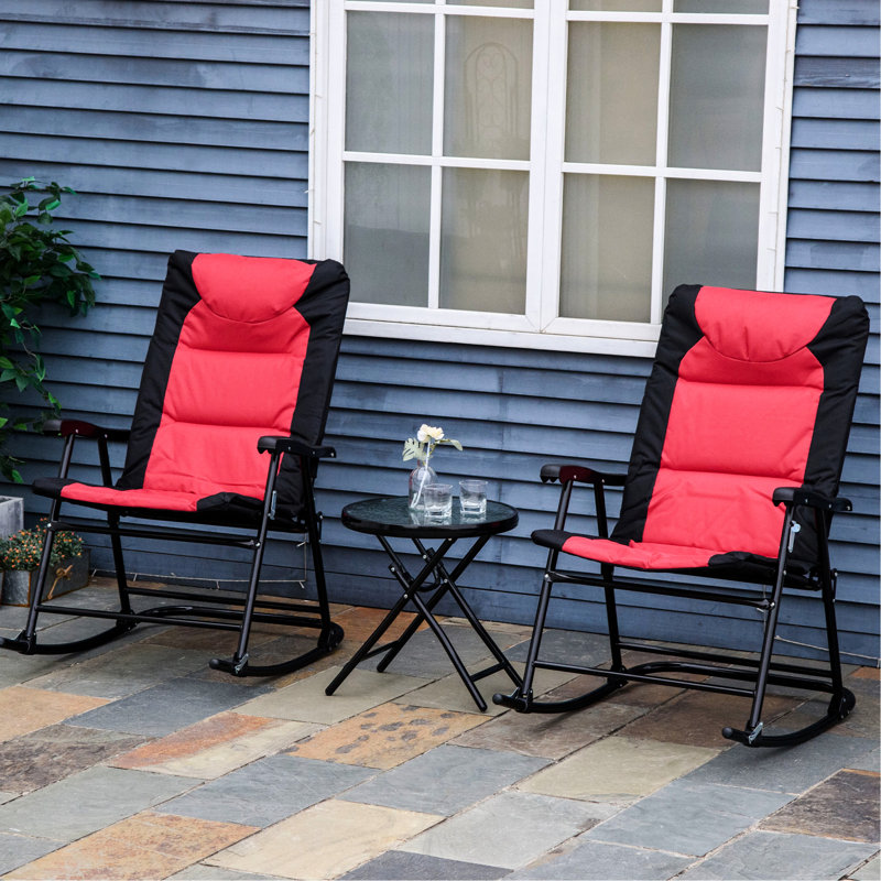 3 pièces de patio en rouge - 2 chaises berçantes pliantes avec coussin coussiné et table basse pliable en verre pour la véranda