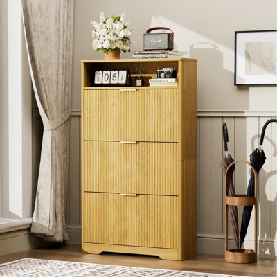 Shoe Cabinet Storage For Entryway Hidden Shoes Storage Cabinet With 3 Flip Drawers, Tall Free Standing Shoe Organizer Rack For Foyer, Hallway. Natural,31.6'' L X 9.6'' W X 54.4'' H.