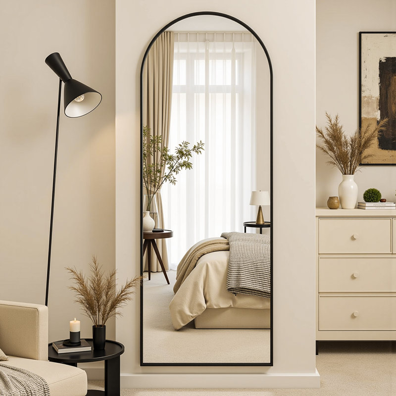 Domed Top Full Length Floor Mirror With Stand - 58x18 Inch For Bedroom & Living Room, 58" x 18", Black