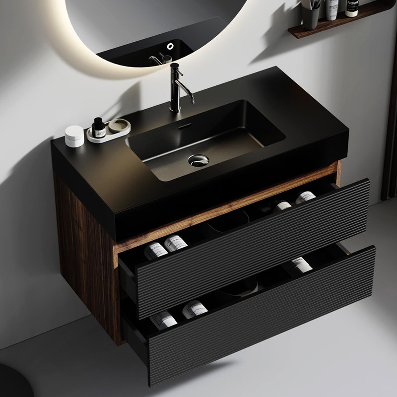 Meuble-lavabo mural Grace de 36 po avec tiroirs en noyer et système noir, lavabo en quartz mat, tiroirs à fermeture amortie, finition noyer moderne