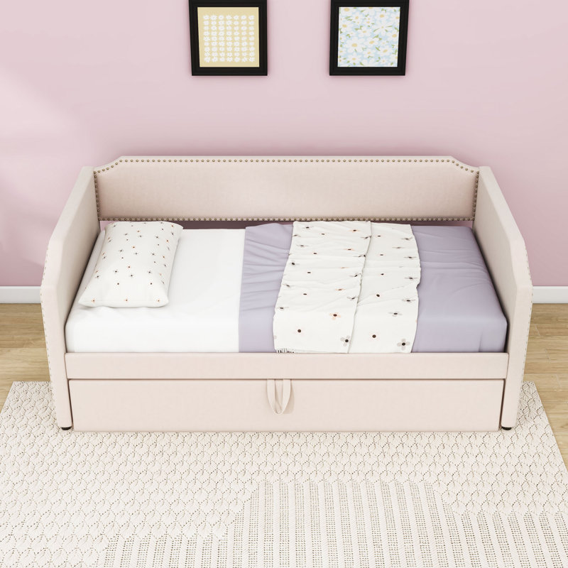 Twin Upholstered Daybed with Pop Up Trundle, Beige