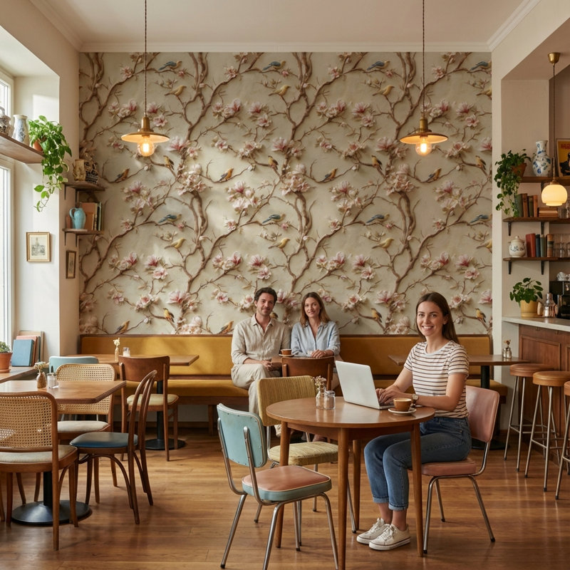 Papier peint floral, oiseaux, branches amovibles, double rouleau mural