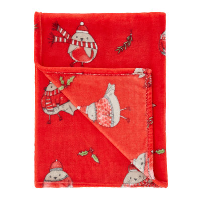 Christmas Robins Cosy 130x170cm Blanket Throw Red