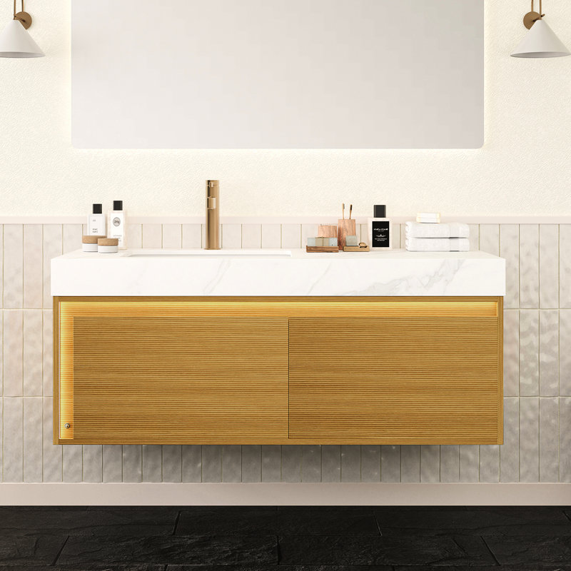 Meuble-lavabo flottant 48 po avec comptoir en pierre frittée blanche, vasque encastrée en céramique, armoire de contreplaqué ultra-mince en grille, enseigne alimentée par capteur à tiroirs, plateau pré-assemblé, lavabo, activé