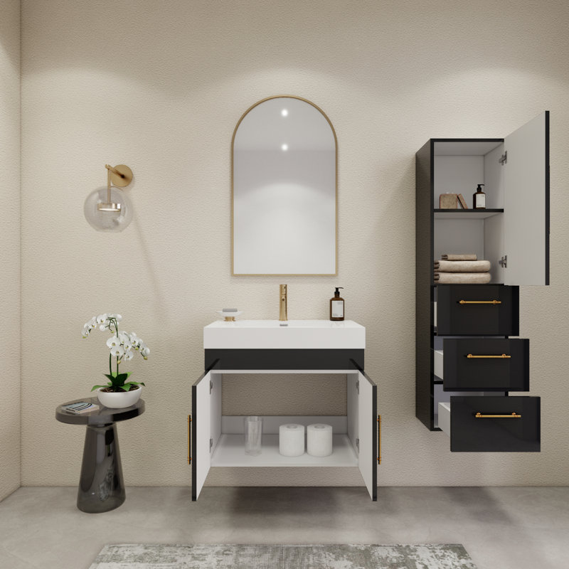 29.5" Wall-Mounted Single Bathroom Vanity Set, Glossy Black