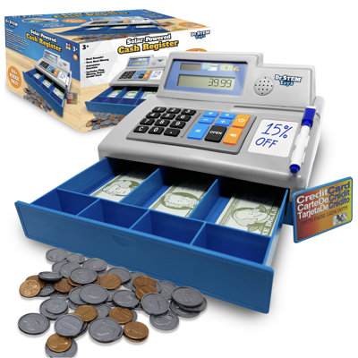 Dr. STEM: Solar-Powered Cash Register - 68pc Store & Shopping Roleplay Toy, Working Math Calculator, Sounds, Play Money & Debit Card, Kids 3+