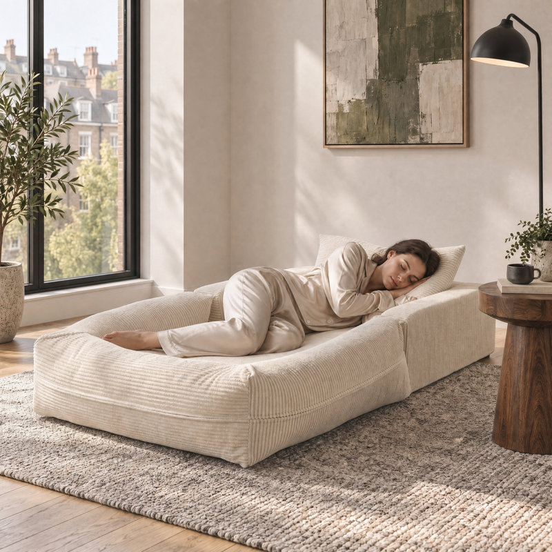 100cm Cream Corduroy 2-Seater Floor Sofa Bed, Folds Out to 190cm - Washable Cover, No Assembly