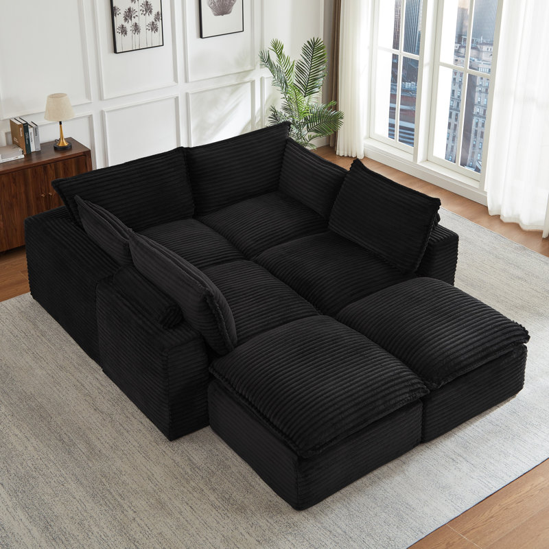 Canapé modulaire en velours côtelé à compression de 6 places de 140,5 po avec accoudoirs et repose-pieds Boneless