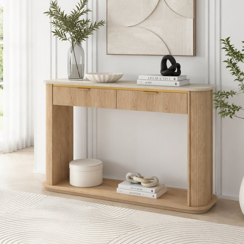 Console cannelée avec plateau en faux travertin et garniture or rose