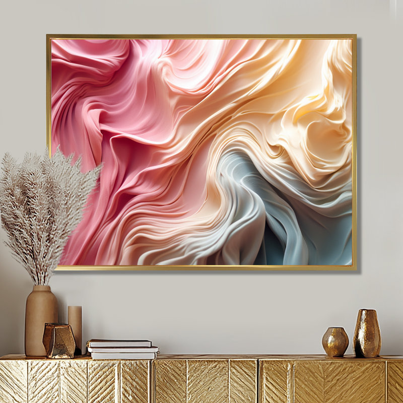 «Pink Pastel Flowing Silk Roads - Abstract Modern Waves Wall Art Living Room, Cadre flottant doré, H 34 po x l 44 po