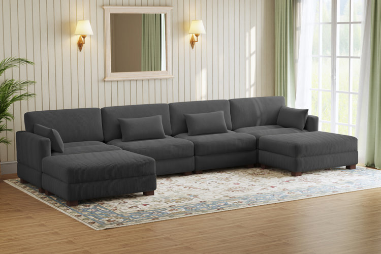 6 - Piece Upholstered Gray Corduroy Modular Sectional Sofa with Pillow Back and Removable Ottoman