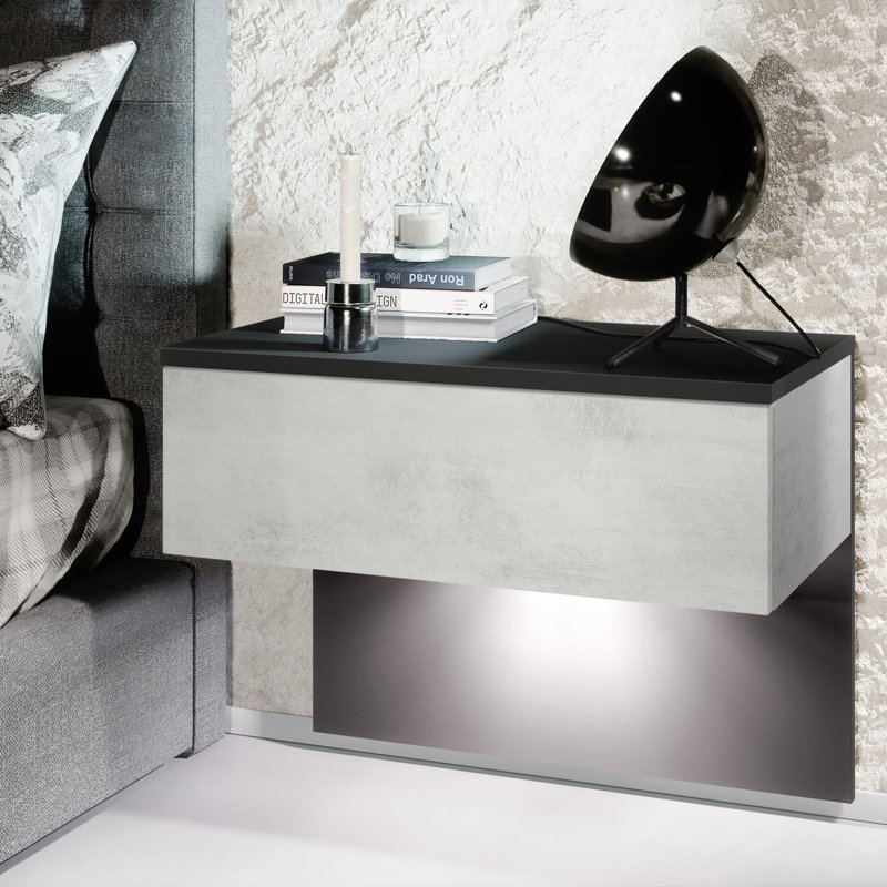 Leeward 60cm W Manufactured Wood Bedside Table, Concrete, Black