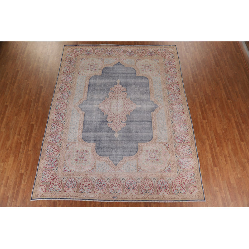 Tapis persan Kerman à motif géométrique délavé noué à la main 10 x 13