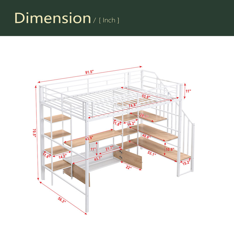 Lit mezzanine double en métal avec escalier, table de rangement basse et tablettes de rangement, Blanc