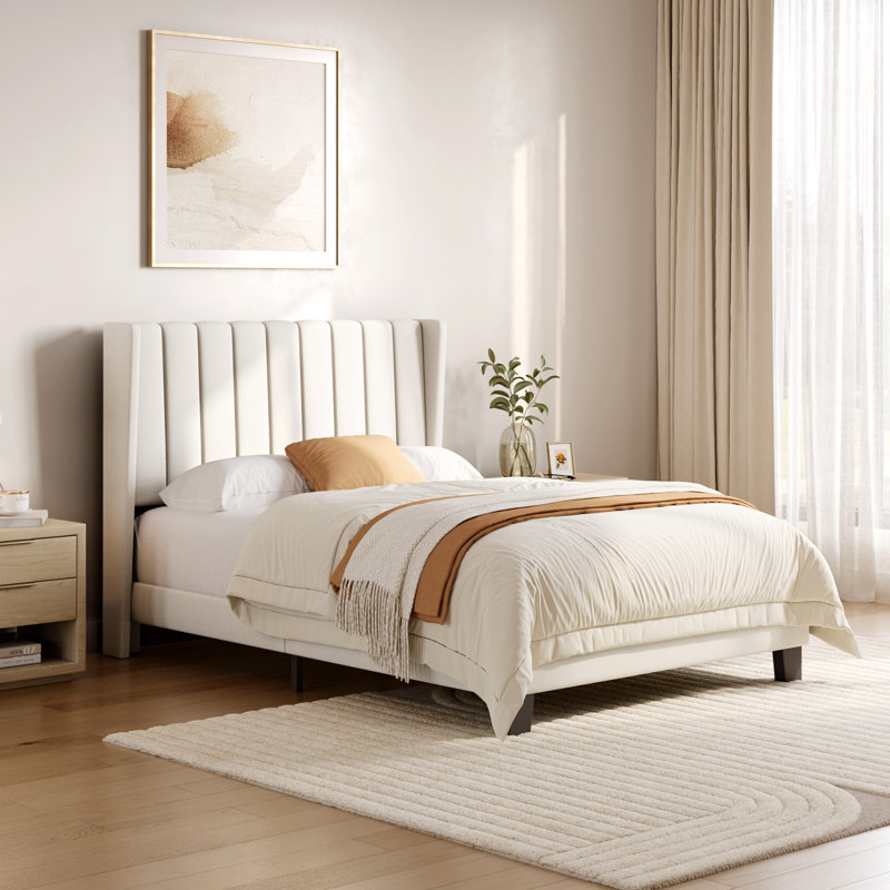 Upholstered Bed Frame with Channel Tufted Headboard, Beige, Double (4'6)