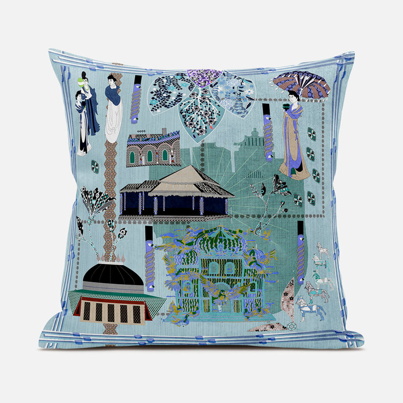 Housse et insert de coussin carré en polyester intérieur / extérieur, 20 po x 20 po, Gris / Beige / Bleu