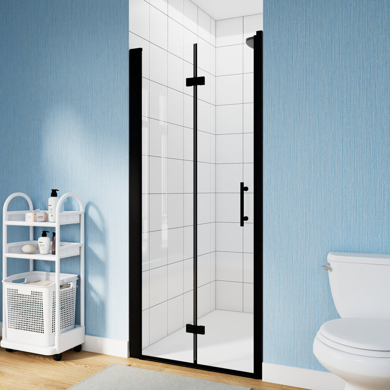 Porte de douche pliante 34 po x 72 po | Verre trempé 1/4 de pouce avec film antidéflagrant | Cadre en aluminium noir mat