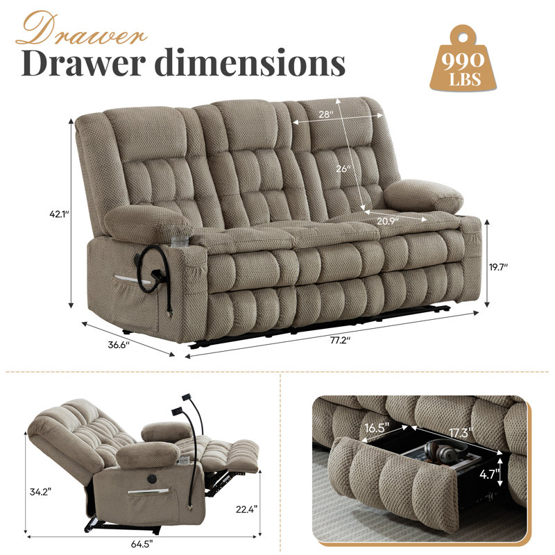 3-seater Manual Reclining Sofa With Fold-down Console, Hidden Storage Drawer & Double Padded Velvet Upholstery – Comfortable Recliner Couch For Living Room, Apartment