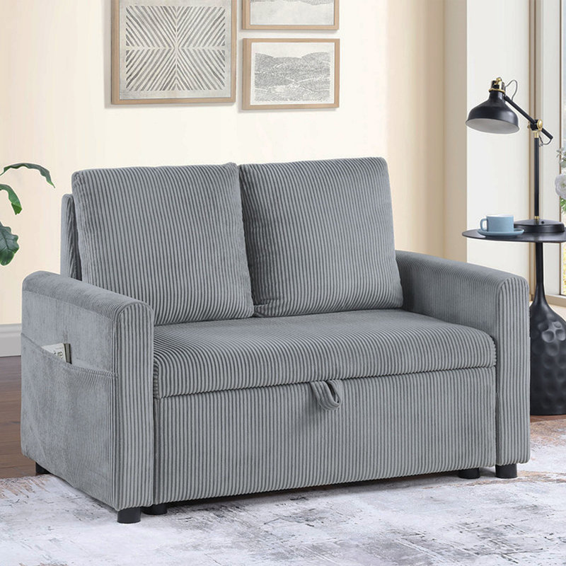 Causeuse rembourrée en velours côtelé avec rangement et poche latérale, gris