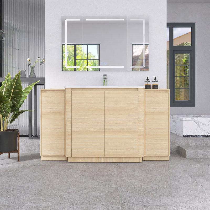 Meuble-lavabo autoportant de 60 po avec lavabo en céramique blanche et 2 armoires de rangement, portes à fermeture douce, chêne blanc américain