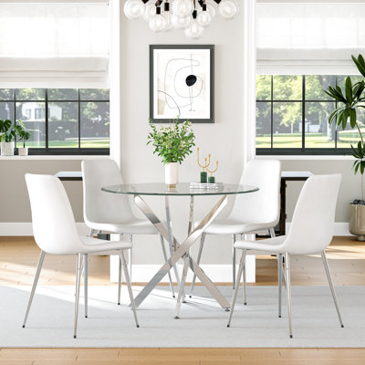 Round Glass Dining Table Set, 36" Clear Tempered Glass Tabletop With 4 Velvet Dining Chairs(Set Of 5)