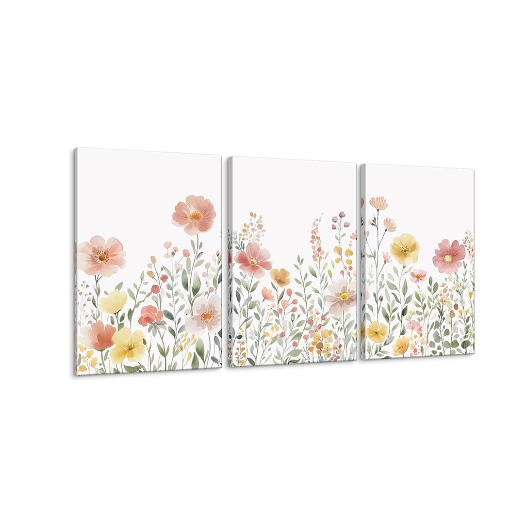 Colorful Wildflower Canvas Wall Art Set Of 3 Framed - Pink Floral Watercolor Prints, Modern Minimalist Flower Painting Girls Botanical Nursery Decor F