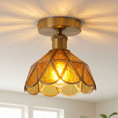 Vintage 1 Light Polished Brass Flush Mount Ceiling Light with Textured Glass Shade