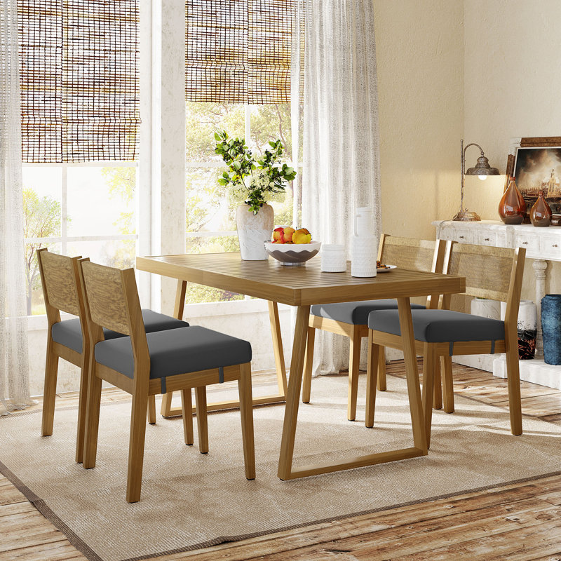 Pasiak 4 - Person Acacia Solid Wood Patio Dining Set Rectangular Table with Cushions Included, Gray